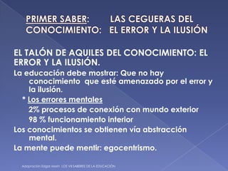 PRIMER SABER:        LAS CEGUERAS DEL CONOCIMIENTO:   EL ERROR Y LA ILUSIÓNEL TALÓN DE AQUILES DEL CONOCIMIENTO: EL ERROR Y LA ILUSIÓN.La educación debe mostrar: Que no hay  conocimiento  que esté amenazado por el error y la ilusión.    * Los errores mentales       2% procesos de conexión con mundo exterior       98 % funcionamiento interiorLos conocimientos se obtienen vía abstracción mental.La mente puede mentir: egocentrismo. Adaptación Edgar Morin  LOS VII SABERES DE LA EDUCACIÓN 