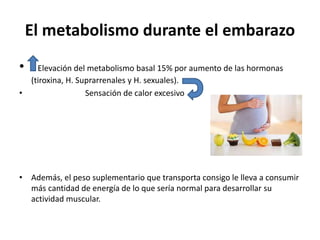El metabolismo durante el embarazo 
• Elevación del metabolismo basal 15% por aumento de las hormonas 
(tiroxina, H. Suprarrenales y H. sexuales). 
• Sensación de calor excesivo 
• Además, el peso suplementario que transporta consigo le lleva a consumir 
más cantidad de energía de lo que sería normal para desarrollar su 
actividad muscular. 
 