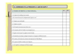 13. CORREGEIX-TE LA PREGUNTA 3: QUÈ EN SAPS ?


A L’EUROPA OCCIDENTAL A L’EDAT MITJANA...                                              SÍ   NO



1. La majoria de la població era cristiana

2. Els cristians havien de fer obligatòriament algunes coses


3. L’Església tenia molt poder

4. L’Església era pobre

5. Les Croades eren persones que feien creus

6. Als europeus amb les Croades no aconsegueixen res

7. La gent vivia al camp. Les esglésies eren a la ciutat

8. Als monestirs, els monjos i monges hi pregaven i els pagesos treballaven la terra

9.El romànic era la manera de construir més important de l’Edat Mitjana

10.La majoria d’edificis romànics eren religiosos

11.A les esglésies romàniques no hi havia imatges
 