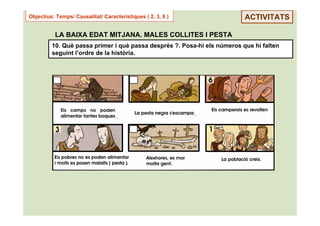Objectius: Temps/ Causalitat/ Característiques ( 2, 3, 8 )                ACTIVITATS

          LA BAIXA EDAT MITJANA. MALES COLLITES I PESTA
         10. Què passa primer i què passa després ?. Posa-hi els números que hi falten
         seguint l’ordre de la història.
 