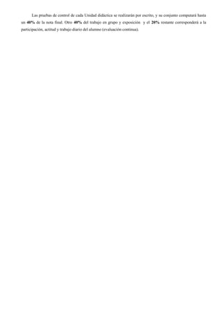 Las pruebas de control de cada Unidad didáctica se realizarán por escrito, y su conjunto computará hasta
un 40% de la nota final. Otro 40% del trabajo en grupo y exposición y el 20% restante corresponderá a la
participación, actitud y trabajo diario del alumno (evaluación continua).
 