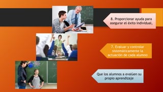 8. Proporcionar ayuda para
asegurar el éxito individual,
7. Evaluar y controlar
sistemáticamente la
actuación de cada alumno
Que los alumnos a evalúen su
propio aprendizaje
 