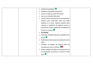  Analizar los paratextos.
 Establecer el propósito de la lectura.
 Lectura: modelo por parte del docente.
 Leer a una velocidad adecuada.
 Leer de manera individual dos o tres estudiantes,
relectura para comprender ideas que están
explicitas en el texto, relectura selectiva para
entender el significado de palabras nuevas y
comprender el texto. (significado de palabras de
acuerdo al contexto)
 ACTIVIDAD
 Poslectura: identificar elementos explícitos de la
lectura.
 Parafrasear la lectura para la comprensión de los
textos.
• Investigar en páginas de internet sobre los
animales que viven en el África.
 Mostrar imágenes de algunos animales para que
los estudiantes reconozcan el territorio donde
viven.
 