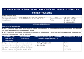 PLANIFICACIÓN DE ADAPTACION CURRICULAR DE LENGUA Y LITERATURA
PRIMER TRIMESTRE
DATOS INFORMATIVOS:
Nombre de la Institución: UNIDAD EDUCATIVA “GALO PLAZA LASSO” Nombre del docente: LIC. LEIDE CASTILLO
Grado / curos: Fecha: 03 de junio del 2024
31 de julio del 2024
APRENDIZAJE DISCIPLINAR:
OBJETIVOS DE APRENDIZAJE:
O.LL.2.1. Comprender que la lengua escrita se usa con diversas intenciones según los contextos y las situaciones comunicativas, para desarrollar
una actitud de indagación crítica frente a los textos escritos.
O.LL.2.3 Participar en situaciones de comunicación oral propias de los ámbitos familiar y escolar, con capacidad para escuchar, mantener el tema
del diálogo y desarrollar ideas a partir del intercambio.
DESTREZAS CON
CRITERIOS DE
DESEMPEÑO
INDICADORES DE
EVALUACIÓN
ESTRATEGIAS METODOLÓGICAS ACTIVAS PARA
LA ENSEÑANZA Y APRENDIZAJE
ACTIVIDADES EVALUATIVAS
Distinguir la intención
comunicativa (persuadir,
ex presar emociones,
informar, requerir, etc.)
Reconoce el uso de textos
escritos como el cartel en la
vida cotidiana, identifica su
intención comuni cativa y
 TEMA: ¿POR QUÉ LEO?
 EXPERIENCIA
Técnica:
Prueba
Instrumento:
 