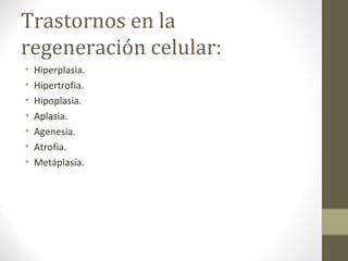 Trastornos en la
regeneración celular:
• Hiperplasia.
• Hipertrofia.
• Hipoplasia.
• Aplasia.
• Agenesia.
• Atrofia.
• Metáplasia.
 