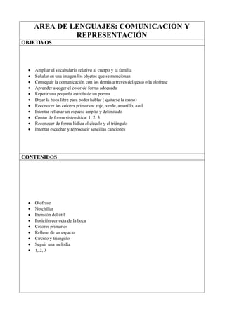AREA DE LENGUAJES: COMUNICACIÓN Y
REPRESENTACIÓN
OBJETIVOS
• Ampliar el vocabulario relativo al cuerpo y la familia
• Seña...