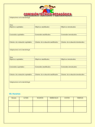 Adaptaciones en la metodología
Área:
Objetivos suprimidos Objetivos modificados Objetivos introducidos
Contenidos suprimidos Contenidos modificados Contenidos introducidos
Criterios de evaluación suprimidos Criterios de evaluación modificados Criterios de evaluación introducidos
Adaptaciones en la metodología
Área:
Objetivos suprimidos Objetivos modificados Objetivos introducidos
Contenidos suprimidos Contenidos modificados Contenidos introducidos
Criterios de evaluación suprimidos Criterios de evaluación modificados Criterios de evaluación introducidos
Adaptaciones en la metodología
VII. Horarios
Horario LUNES MARTES MIÉRCOLES JUEVES VIERNES
 