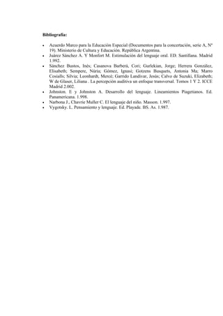 Bibliografía:

•   Acuerdo Marco para la Educación Especial (Documentos para la concertación, serie A, Nº
    19). Ministerio de Cultura y Educación. República Argentina.
•   Juárez Sánchez A. Y Monfort M. Estimulación del lenguaje oral. ED. Santillana. Madrid
    1.992.
•   Sánchez Bustos, Inés; Casanova Barberá, Cori; Gurlekian, Jorge; Herrera González,
    Elisabeth; Sempere, Núria; Gómez, Ignasi; Gotzens Busquets, Antonia Ma; Marro
    Cosialls; Silvia; Leonhardt, Mercé; Garrido Landivar, Jesús; Calvo de Suzuki, Elizabeth;
    W de Glaser, Liliana . La percepción auditiva un enfoque transversal. Tomos 1 Y 2. ICCE
    Madrid 2.002.
•   Johnston. E y Johnston A. Desarrollo del lenguaje. Lineamientos Piagetianos. Ed.
    Panamericana. 1.998.
•   Narbona J., Chavrie Muller C. El lenguaje del niño. Masson. 1.997.
•   Vygotsky. L. Pensamiento y lenguaje. Ed. Playade. BS. As. 1.987.
 
