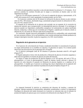 Fisiología del Ejercicio Físico
www.intermedicina.com
- 7 -- 7 -
El índice de glucogenólisis muscular es más elevado durante los primeros 5 a 10 minutos . Si el
ejercicio continúa los sustratos llevados por la sangre se convierten en fuentes cada vez más
importante de energía.
Entre los 10 a 40 minutos aumenta de 7 a 20 veces la captación de glucosa, representando el 30
al 40% del consumo de O2 total, equiparada a la proporcionada por los AGL.
Si el ejercicio continúa más de 40 minutos la utilización de glucosa alcanza su pico máximo
entre los 90 y 180 minutos, declinando luego, aumentando progresivamente la utilización de AGL,
que a las 4 hs. alcanza el 61%.
El aumento de la utilización de la glucosa está asociado con un aumento de la excreción de
alanina del músculo, que es proporcional a la intensidad del ejercicio efectuado. Si se prolonga el
ejercicio pueden ser importantes combustibles energéticos los aminoácidos de cadena ramificada
(leucina, isoleucina y valina) que son excretados por el hígado y captados por el músculo, donde se
obtienen de 32 a 42 moles de ATP por cada mol de aminoácidos.
En conclusión: durante ejercicios prolongados la utilización de combustibles está caracterizada
por una secuencia trifásica, en la cual predomina como sustrato principal para brindar productos de
energía el glucógeno muscular, la glucosa sanguínea y los AGL sucesivamente.
Regulación de la glucemia en el ejercicio
En el ejercicio de corta duración de liviana a moderada intensidad, la concentración de glucosa
en sangre prácticamente no se modifica en relación a la glucemia en reposo. Si es intenso puede
observarse una elevación leve de la glucemia (20 a 30 mg/dl)
En el ejercicio prolongado (más de 90 minutos) la glucemia desciende entre10 a 40 mg/dl
(Figura Nº 3).
El hígado representa el único sitio de producción y liberación de glucosa al torrente sanguíneo y
debe tratar de equilibrar el consumo de glucosa por parte del músculo.
En reposo el índice de producción de glucosa hepática es de 150 mg/min, del cual el 75% es
glucogenólisis y el resto es gluconeogénesis a partir de alanina, lactato, piruvato y glicerol. El
ejercicio de corta duración el aumento de liberación de glucosa hepática es a expensas de la
glucogenólisis. A medida que el ejercicio se prolonga hay mayor dependencia de la captación del
precursor gluconeogénico para mantener la producción de glucosa hepática (Figura Nº 2)
Figura Nº 2
0,0
0,5
1,0
1,5
2,0
Reposo 40 240
G
l
u
H
e
p
m
m
o
l
/
m
Ej er cici o ( mi n.)
Lactato Pir uvato Gli cer ol
Ami noáci dos Glucogenóli sis
La respuesta hormonal al ejercicio se caracteriza por descenso de insulina y aumento de
glucagón. Además aumentan la somatotrofina, adrenalina, noradrenalina y cortisol. La importancia
fisiológica de alteración del medio hormonal en el ejercicio se relaciona más con el estímulo de
producción hepática de glucosa que con el aumento de utilización de esta (figuras Nº 4 y 5).
 