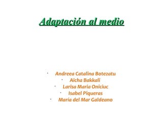 Adaptación al medio

•

•

Andreea Catalina Botezatu
•
Aicha Bakkali
•
Larisa Maria Oniciuc
•
Isabel Piqueras
María del Mar Galdeano

 