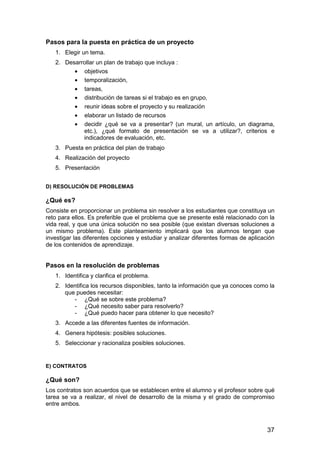 37 
Pasos para la puesta en práctica de un proyecto 
1. Elegir un tema. 
2. Desarrollar un plan de trabajo que incluya : 
· objetivos 
· temporalización, 
· tareas, 
· distribución de tareas si el trabajo es en grupo, 
· reunir ideas sobre el proyecto y su realización 
· elaborar un listado de recursos 
· decidir ¿qué se va a presentar? (un mural, un artículo, un diagrama, 
etc.), ¿qué formato de presentación se va a utilizar?, criterios e 
indicadores de evaluación, etc. 
3. Puesta en práctica del plan de trabajo 
4. Realización del proyecto 
5. Presentación 
D) RESOLUCIÓN DE PROBLEMAS 
¿Qué es? 
Consiste en proporcionar un problema sin resolver a los estudiantes que constituya un 
reto para ellos. Es preferible que el problema que se presente esté relacionado con la 
vida real, y que una única solución no sea posible (que existan diversas soluciones a 
un mismo problema). Este planteamiento implicará que los alumnos tengan que 
investigar las diferentes opciones y estudiar y analizar diferentes formas de aplicación 
de los contenidos de aprendizaje. 
Pasos en la resolución de problemas 
1. Identifica y clarifica el problema. 
2. Identifica los recursos disponibles, tanto la información que ya conoces como la 
que puedes necesitar: 
- ¿Qué se sobre este problema? 
- ¿Qué necesito saber para resolverlo? 
- ¿Qué puedo hacer para obtener lo que necesito? 
3. Accede a las diferentes fuentes de información. 
4. Genera hipótesis: posibles soluciones. 
5. Seleccionar y racionaliza posibles soluciones. 
E) CONTRATOS 
¿Qué son? 
Los contratos son acuerdos que se establecen entre el alumno y el profesor sobre qué 
tarea se va a realizar, el nivel de desarrollo de la misma y el grado de compromiso 
entre ambos. 
 