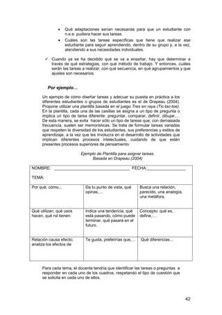 · Qué adaptaciones serían necesarias para que un estudiante con 
42 
n.e.e. pudiera hacer sus tareas. 
· Cuáles son las tareas específicas que tiene que realizar ese 
estudiante para seguir aprendiendo, dentro de su grupo y, a la vez, 
atendiendo a sus necesidades individuales. 
 Cuando ya se ha decidido qué se va a enseñar, hay que determinar a 
través de qué estrategias, con qué método de trabajo. Y entonces, cuáles 
serán las tareas a realizar, con qué secuencia, en qué agrupamientos y que 
ajustes son necesarios. 
Por ejemplo… 
Un ejemplo de cómo diseñar tareas y adecuar su puesta en práctica a los 
diferentes estudiantes o grupos de estudiantes es el de Drapeau (2004). 
Propone utilizar una plantilla basada en el juego Tres en raya (Tic-tac-toe). 
En la plantilla, cada una de las casillas se asigna a un tipo de pregunta o 
implica un tipo de tarea diferente: preguntar, comparar, definir, dibujar,… 
De esta manera, se evita hacer sólo un tipo de tareas que, con demasiada 
frecuencia, suelen ser memorísticas. Se trata de formular tareas variadas 
que respeten la diversidad de los estudiantes, sus preferencias y estilos de 
aprendizaje, a la vez que les involucra en el desarrollo de actividades que 
implican diferentes procesos intelectuales, cuidando de que estén 
presentes procesos superiores de pensamiento. 
Ejemplo de Plantilla para asignar tareas. 
Basada en Drapeau (2004) 
NOMBRE: _________________________________ FECHA:_________________ 
TEMA: 
Por qué, cómo,.. 
Da tu punto de vista, qué 
opinas,… 
Busca una relación, 
parecido, una analogía, 
una metáfora. 
Qué utilizan, qué usos 
hacen, qué rol tienen: 
Indica una tendencia, qué 
está pasando, cómo puede 
terminar, qué pasará en el 
futuro. 
Concepto: qué es, 
define,… 
Relación causa efecto; 
analiza los efectos de 
Te gusta, preferirías que,… Qué diferencias… 
Para cada tema, el docente tendría que identificar las tareas o preguntas a 
responder en cada uno de los cuadros, respetando el tipo de cuestión que 
se solicita en cada uno de ellos. 
 