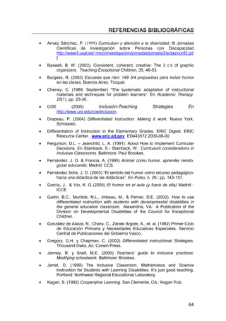 REFERENCIAS BIBLIOGRÁFICAS 
· Arnaiz Sánchez, P. (1999) Curriculum y atención a la diversidad. III Jornadas 
Científicas de Investigación sobre Personas con Discapacidad 
http://www3.usal.es/~inico/investigacion/jornadas/jornada3/actas/conf2.pd 
f 
· Baxwell, B. W. (2003). Consistent, coherent, creative: The 3 c’s of graphic 
64 
organizers. Teaching Exceptional Children, 35, 46-53. 
· Burgess, R. (2003) Escuelas que ríen: 149 3/4 propuestas para incluir humor 
en las clases. Buenos Aires: Troquel. 
· Cheney, C. (1989, September) “The systematic adaptation of instructional 
materials and techniques for problem learners”. En Academic Therapy, 
25(1), pp. 25-30. 
· COE (2005) Inclusión-Teaching Strategies En 
http://www.uni.edu/coe/inclusion. 
· Drapeau, P. (2004) Differentiated Instruction. Making it work. Nueva York: 
Scholastic. 
· Differentiation of Instruction in the Elementary Grades. ERIC Digest. ERIC 
Resource Center. www.eric.ed.gov ED443572 2000-08-00 
· Fergurson, D.L. – Jeanchild, L. A. (1991): About How to Implement Curricular 
Decisions. En Stainback, S - Stainback, W.: Curriculum considerations in 
Inclusive Classrooms. Baltimore: Paul Brookes. 
· Fernández, J. D.  Francia, A. (1995) Animar como humor, aprender riendo, 
gozar educando. Madrid: CCS. 
· Fernández Solís, J. D. (2003) “El sentido del humor como recurso pedagógico: 
hacia una didáctica de las didácticas”. En Pulso, n. 26 ; pp. 143-157. 
· García, J.  Vío, K. G (2005) El humor en el aula (y fuera de ella) Madrid : 
ICCE 
· Gartin, B.C., Murdick, N.L., Imbeau, M.,  Perner, D.E. (2002). How to use 
differentiated instruction with students with developmental disabilities in 
the general education classroom. Alexandria, VA: A Publication of the 
Division on Developmental Disabilities of the Council for Exceptional 
Children. 
· González de Alaiza, N., Chara, C., Zárate Argote, A., et. al. (1992) Primer Ciclo 
de Educación Primaria y Necesidades Educativas Especiales. Servicio 
Central de Publicaciones del Gobierno Vasco. 
· Gregory, G.H. y Chapman, C. (2002) Differentiated Instructional Strategies. 
Thousand Oaks, Ac: Corwin Press. 
· Janney, R. y Snell, M.E. (2000) Teachers’ guide to inclusive practices: 
Modifying schoolwork. Baltimore: Brookes. 
· Jarret, D. (1999) The Inclusive Classroom. Mathematics and Science 
Instruction for Students with Learning Disabilities. It’s just good teaching. 
Portland: Northwest Regional Educational Laboratory. 
· Kagan, S. (1992) Cooperqtive Learning. San Clemente, CA.: Kagan Pub. 
 