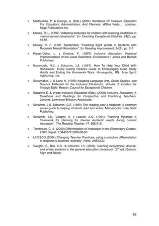 · Madhumita, P.  George, A. (Eds.) (2004) Handbook Of Inclusive Education 
For Educators, Administrators, And Planners: Within Walls,.. Londres: 
Sage Publications Inc. 
· Meese, R. L. (1992) “Adapting textbooks for children with learning disabilities in 
mainstreamed classrooms”. En Teaching Exceptional Children, 24(3), pp. 
49-51. 
· Mosley, V. P. (1997, September) “Teaching Sight Words to Students with 
Moderate Mental Retardation”. En Reading Improvement, 34(1), pp. 2-7. 
· Power-Defur, L. y Orelove, F. (1997) Inclusive Education: Practical 
Implementation of the Least Restrictive Environment : Jones and Bartlett 
Publishers. 
· Radencich, M.C. y Schumm, J.S. (1997) How To Help Your Child With 
Homework: Every Caring Parent's Guide to Encouraging Good Study 
Habits and Ending the Homework Wars. Minneapolis, MN: Free Spirit 
Publishing, Inc 
· Schumaker, J.  Lenz, K. (1999) Adapting Language Arts, Social Studies, and 
Science Materials for the Inclusive Classroom. Volume 3: Grades Six 
through Eight. Reston: Council for Exceptional Children. 
· Suzanne E.  Wade Inclusive Education (Eds.) (2000) Inclusive Education: A 
Casebook and Readings for Prospective and Practicing Teachers. 
Londres: Lawrence Erlbaum Associates. 
· Schumm, J.S, Schumm, G.E. (1999) The reading tutor´s hadbook: A common 
sense guide to helping students read and writes. Minneapolis: Free Spirit 
Publishing. 
· Schumm, J.S., Vaughn, S, y Leavell, A.G. (1994) “Planning Pyramid: A 
framework for planning for diverse students’ needs during content 
instruction”. The Reading Teacher, 47, 608-615. 
· Tomlinson, C. A. (2000) Differentiation of Instruction in the Elementary Grades. 
65 
ERIC Digest. ED443572 2000-08-00 
· UNESCO (2004) Changing Teacher Practices, using curriculum differentiation 
to respond to students’ diversity’. Paris: UNESCO. 
· Vaughn, S., Bos, C.S.,  Schumm, I.S. (2000) Teaching exceptional, diverse, 
and at-risk students in the general education classroom. (2nd ed.) Boston: 
Allyn and Bacon. 
