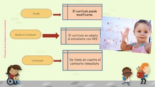 Basada en el estudiante
Contextuales
El currículo se adapta
al estudiante con NEE.
Se toma en cuenta el
contexto inmediato.
El currículo puede
modificarse.Flexible
Principiosdelasadaptacionescurriculares
 