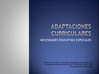 NECESIDADES EDUCATIVAS ESPECIALES
En base al documento «Estrategias Pedagógicas para atender a las
necesidades educativas especiales en la educación regular» de la
Vicepresidencia de la República
 