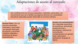 Adaptaciones de acceso al currículo
• Son modificaciones de recursos espaciales, materiales, personales o de
comunicación que van a facilitar que algunos alumnos con necesidades
educativas especiales puedan desarrollar el currículo ordinario.
Acceso Fisico: Son los
recursos espaciales,
materiales y personales,
por ejemplo adecuada
iluminación y sonoridad,
mobiliario adaptado y
profesores de apoyo
especializados.
Acceso a la comunicación:
Son materiales específicos
de enseñanza: aprendizaje,
ayudas técnicas y
tecnológicas, sistemas de
comunicación
complementario por ejemplo
lupas, telescopios,
grabadoras, lenguaje de
signos.
 