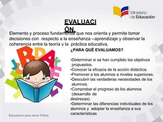 EVALUACI
ÓN.
Elemento y proceso fundamental que nos orienta y permite tomar
decisiones con respecto a la enseñanza –aprendizaje y observar la
coherencia entre la teoría y la práctica educativa.
¿PARA QUÉ EVALUAMOS?
•Determinar si se han cumplido los objetivos
propuestos.
•Conocer la eficacia de la acción didáctica.
•Promover a los alumnos a niveles superiores.
•Descubrir las verdaderas necesidades de los
alumnos.
•Comprobar el progreso de los alumnos
(desarrollo de
destrezas).
•Determinar las diferencias individuales de los
alumnos y adoptar la enseñanza a sus
características
 