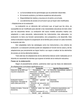 •   La funcionalidad de los aprendizajes que se pretenden desarrollar.
          •   El momento evolutivo y la historia académica del educando.
          •   Disponibilidad de medios y recursos en el centro y en el aula.
          •   Los elementos de acceso al currículum que ya hayan sido modificados.
- Adaptaciones en la evaluación.
       La evaluación es un elemento del currículum que, al igual que los otros, es
susceptible de ser modificado para atender a las necesidades educativas de todo orden
que los educandos tienen. La evaluación del nuevo modelo educativo implica una
adaptación a cada educando, seleccionando los instrumentos más adecuados. La
evaluación no tiene una función sancionadora, sino prospectiva y de desarrollo. Esta
actitud evaluadora requiere la cooperación de la familia para conocer en cada momento
la situación del niño.
       Son adaptables tanto las estrategias como los instrumentos y los criterios de
evaluación. La evaluación prevista puede ser adaptada en función de los casos y de las
adaptaciones que previamente se hayan hecho o se vayan a realizar de los elementos
de acceso y/o de los elementos básicos.
       Todo este tipo de adaptaciones de los elementos básicos serán realizadas por el
docente sin necesidad de trámites que superen el ámbito de la institución educativa.
Fases en la elaboración
       Según el procedimiento anterior, podríamos decir que las fases de elaboración
de adaptaciones curriculares significativas son:
           Fase                         Contenido                  Agentes Responsables
Detección de las NEE que     -     Recopilación    de     la   Docentes, especialistas, padres o
requieren adaptación.        información existente sobre       representantes.
                             situaciones ya conocidas.
                             - Delimitación de nuevos
                             casos que hayan surgido o
                             ingresado.
Evaluación Inicial o         - Situación general del           Docentes.
Diagnóstica. Recogida de     educando.                         Especialistas.
datos útiles para la AC.     - Situación del educando con
                             respecto        al    proyecto
                             curricular.
Análisis de datos. Toma de   - Reflexión sobre los datos       - profesores especialistas y de
decisiones.                  recogidos.                        apoyo, departamento de
                             - Decidir si procede AC o no.     orientación, coordinadores.
                             - Decidir qué elementos

                                              10
 