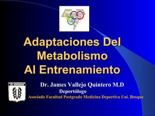 Adaptaciones Del
  Metabolismo
Al Entrenamiento
      Dr. James Vallejo Quintero M.D
               Deportólogo
Asociado Facultad Postgrado Medicina Deportiva Uni. Bosque
 