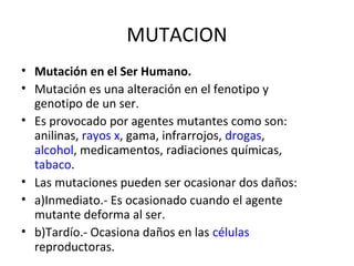 MUTACION
• Mutación en el Ser Humano.
• Mutación es una alteración en el fenotipo y
genotipo de un ser.
• Es provocado por agentes mutantes como son:
anilinas, rayos x, gama, infrarrojos, drogas,
alcohol, medicamentos, radiaciones químicas,
tabaco.
• Las mutaciones pueden ser ocasionar dos daños:
• a)Inmediato.- Es ocasionado cuando el agente
mutante deforma al ser.
• b)Tardío.- Ocasiona daños en las células
reproductoras.
 