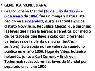 • GENETICA MENDELIANA.
• Gregor Johann Mendel (20 de julio de 1822[1]
-
6 de enero de 1884) fue un monje y naturalista,
nacido en Heinzendorf, Austria (actual Hynčice,
distrito Nový Jičín, República Checa), que describió
las leyes que rigen la herencia genética, por medio
de los trabajos que llevó a cabo con diferentes
variedades de la planta del guisante(Pisum
sativum). Su trabajo no fue valorado cuando lo
publicó en el año 1866. Hugo de Vries, botánico
holandés, junto a Carl Correns y Erich von
Tschermak redescubren las leyes de Mendel por
separado en el año 1900
 