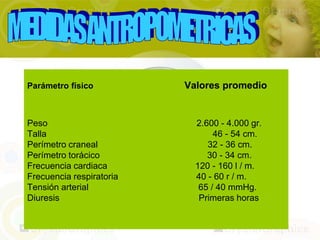 Parámetro físico          Valores promedio


Peso                        2.600 - 4.000 gr.
Talla                            46 - 54 cm.
Perímetro craneal              32 - 36 cm.
Perímetro torácico             30 - 34 cm.
Frecuencia cardiaca         120 - 160 l / m.
Frecuencia respiratoria     40 - 60 r / m.
Tensión arterial             65 / 40 mmHg.
Diuresis                     Primeras horas
 