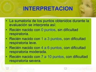 INTERPRETACION

• La sumatoria de los puntos obtenidos durante la
  evaluación se interpreta así:
• Recién nacido con 0 puntos, sin dificultad
  respiratoria.
• Recién nacido con 1 a 3 puntos, con dificultad
  respiratoria leve.
• Recién nacido con 4 a 6 puntos, con dificultad
  respiratoria moderada.
• Recién nacido con 7 a 10 puntos, con dificultad
  respiratoria severa.
 