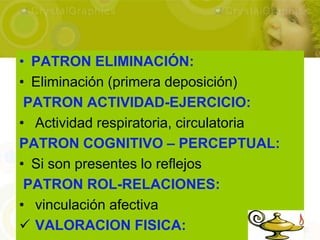 • PATRON ELIMINACIÓN:
• Eliminación (primera deposición)
 PATRON ACTIVIDAD-EJERCICIO:
• Actividad respiratoria, circulatoria
PATRON COGNITIVO – PERCEPTUAL:
• Si son presentes lo reflejos
 PATRON ROL-RELACIONES:
• vinculación afectiva
 VALORACION FISICA:
 