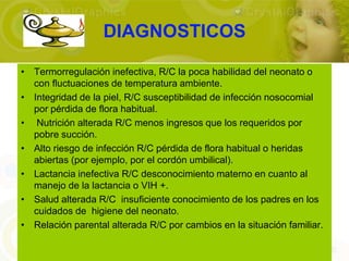 DIAGNOSTICOS

• Termorregulación inefectiva, R/C la poca habilidad del neonato o
  con fluctuaciones de temperatura ambiente.
• Integridad de la piel, R/C susceptibilidad de infección nosocomial
  por pérdida de flora habitual.
• Nutrición alterada R/C menos ingresos que los requeridos por
  pobre succión.
• Alto riesgo de infección R/C pérdida de flora habitual o heridas
  abiertas (por ejemplo, por el cordón umbilical).
• Lactancia inefectiva R/C desconocimiento materno en cuanto al
  manejo de la lactancia o VIH +.
• Salud alterada R/C insuficiente conocimiento de los padres en los
  cuidados de higiene del neonato.
• Relación parental alterada R/C por cambios en la situación familiar.
 