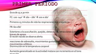 Dura de 15 a 30 min
FC: 120 -140’  160 – 180’  100 a 160’
Primeros 15 minutos de vida las respiraciones son irregulares
FR: 60 a 80’
Estertores a la auscultación, quejido, aleteo nasal, retracciones y períodos
breves de apnea.
El recién nacido se observa alerta.
reacciones de sobresalto, movimientos gustatorios, temblores, llanto y
movimientos cefálicos
Disminución en la temperatura corporal
Aumento generalizado en la actividad motora con incremento en el tono
 