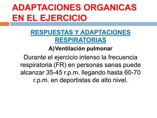ADAPTACIONES ORGANICAS
EN EL EJERCICIO
RESPUESTAS Y ADAPTACIONES
RESPIRATORIAS
A)Ventilación pulmonar

Durante el ejercicio intenso la frecuencia
respiratoria (FR) en personas sanas puede
alcanzar 35-45 r.p.m. llegando hasta 60-70
r.p.m. en deportistas de alto nivel.

 