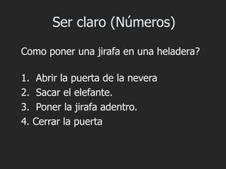 Ser claro (Números)

Como poner una jirafa en una heladera?

1.    Abrir la puerta de la nevera
2.    Sacar el elefante.
3.    Poner la jirafa adentro.
4.   Cerrar la puerta
 