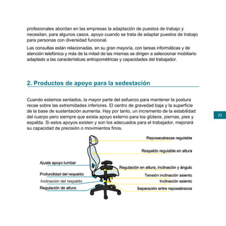 profesionales abordan en las empresas la adaptación de puestos de trabajo y
necesitan, para algunos casos, apoyo cuando se trata de adaptar puestos de trabajo
para personas con diversidad funcional.
Las consultas están relacionadas, en su gran mayoría, con tareas informáticas y de
atención telefónica y más de la mitad de las mismas se dirigen a seleccionar mobiliario
adaptado a las características antropométricas y capacidades del trabajador.




2. Productos de apoyo para la sedestación

Cuando estamos sentados, la mayor parte del esfuerzo para mantener la postura
recae sobre las extremidades inferiores. El centro de gravedad baja y la superficie
de la base de sustentación aumenta. Hay por tanto, un incremento de la estabilidad
                                                                                          23
del cuerpo pero siempre que exista apoyo externo para los glúteos, piernas, pies y
espalda. Si estos apoyos existen y son los adecuados para el trabajador, mejorará
su capacidad de precisión o movimientos finos.




       Inclinación del respaldo
 