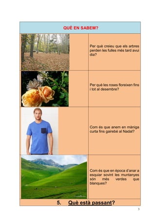 3
QUÈ EN SABEM?
Per què creieu que els arbres
perden les fulles més tard avui
dia?
Per què les roses floreixen fins
i tot al desembre?
Com és que anem en màniga
curta fins gairebé al Nadal?
Com és que en època d’anar a
esquiar sovint les muntanyes
són més verdes que
blanques?
5. Què està passant?
 