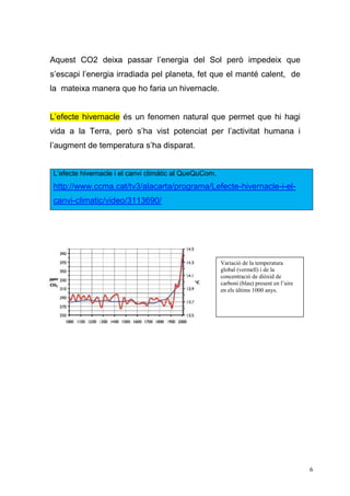 6
Aquest CO2 deixa passar l’energia del Sol però impedeix que
s’escapi l’energia irradiada pel planeta, fet que el manté calent, de
la mateixa manera que ho faria un hivernacle.
L’efecte hivernacle és un fenomen natural que permet que hi hagi
vida a la Terra, però s’ha vist potenciat per l’activitat humana i
l’augment de temperatura s’ha disparat.
L’efecte hivernacle i el canvi climàtic al QueQuCom.
http://www.ccma.cat/tv3/alacarta/programa/Lefecte-hivernacle-i-el-
canvi-climatic/video/3113690/
Variació de la temperatura
global (vermell) i de la
concentració de diòxid de
carboni (blau) present en l’aire
en els últims 1000 anys.
 