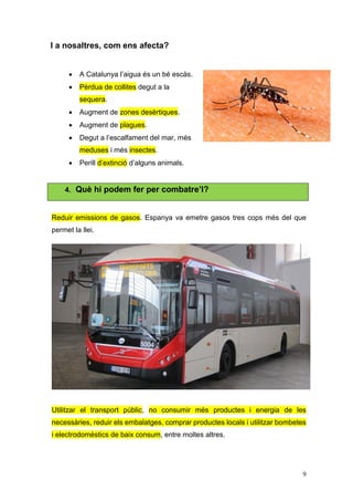 9
I a nosaltres, com ens afecta?
 A Catalunya l’aigua és un bé escàs.
 Pèrdua de collites degut a la
sequera.
 Augment de zones desèrtiques.
 Augment de plagues.
 Degut a l’escalfament del mar, més
meduses i més insectes.
 Perill d’extinció d’alguns animals.
4. Què hi podem fer per combatre’l?
Reduir emissions de gasos. Espanya va emetre gasos tres cops més del que
permet la llei.
Utilitzar el transport públic, no consumir més productes i energia de les
necessàries, reduir els embalatges, comprar productes locals i utilitzar bombetes
i electrodomèstics de baix consum, entre moltes altres.
 