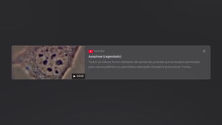 03:56
YouTube
Apoptose (Legendado)
Todos os vídeos foram retirados de canais do youtube que possuíam permissão
para uso acadêmico ou permitiam alteração (Creative Commons). Fonte:…
 