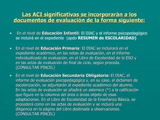 Las ACI significativas se incorporarán a los documentos de evaluación de la forma siguiente:   En el nivel de  Educación Primaria : El DIAC se incluirará en el expediente académico, en las notas de evaluación, en el informe individualizado de evaluación, en el Libro de Escolaridad de la ESO y en las actas de evaluación de final de ciclo, según proceda. (CONSULTAR PINCEL) En el nivel de  Educación Infantil : El DIAC y el informe psicopedagógico se incluirá en el expediente  (apdo  RESUMEN de ESCOLARIDAD) En el nivel de  Educación Secundaria Obligatoria:  El DIAC, el informe de evaluación psicopedagógica y, en su caso, el dictamen de escolarización, se adjuntarán al expediente académico del alumno. En las actas de evaluación se añadirá un asterisco (*) a la calificación que figure en la columna del área o áreas objeto de esas adaptaciones. En el Libro de Escolaridad de la Enseñanza Básica, se procederá como en las actas de evaluación y se incluirá una diligencia en la página del Libro destinada a observaciones. (CONSULTAR PINCEL) 
