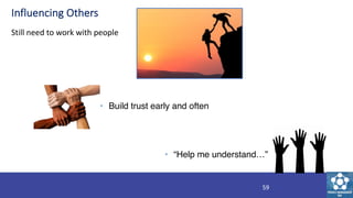 Influencing Others
Still need to work with people
• Build trust early and often
• “Help me understand…”
59
 