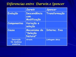 Diferencias entre Darwin e Spencer
               Darwin         Spencer
Evolução       Descendência   Transformação
               com
               Modificação
Componentes    Variação e
               seleção
Causa          Mecanismo da   Interna; fixa
               “Seleção
               Natural”
   Descrição   Arvore         Linhagem única
  De mudança
   evolutiva
 