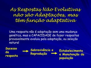 As Respostas Não Evolutivas
    não são Adaptações, mas
     têm função adaptativa

  Uma resposta não é adaptação sem uma...