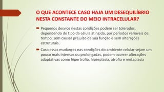 O QUE ACONTECE CASO HAJA UM DESEQUILÍBRIO
NESTA CONSTANTE DO MEIO INTRACELULAR?
 Pequenos desvios nestas condições podem ser tolerados,
dependendo do tipo da célula atingida, por períodos variáveis de
tempo, sem causar prejuízo da sua função e sem alterações
estruturais.
 Caso essas mudanças nas condições do ambiente celular sejam um
pouco mais intensas ou prolongadas, podem ocorrer alterações
adaptativas como hipertrofia, hiperplasia, atrofia e metaplasia
 