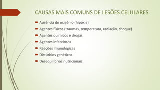 CAUSAS MAIS COMUNS DE LESÕES CELULARES
 Ausência de oxigênio (hipóxia)
 Agentes físicos (traumas, temperatura, radiação, choque)
 Agentes químicos e drogas
 Agentes infecciosos
 Reações imunológicas
 Distúrbios genéticos
 Desequilíbrios nutricionais.
 