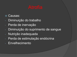 Atrofia
   Causas:
-   Diminuição do trabalho
-   Perda de inervação
-   Diminuição do suprimento de sangue
-   Nutrição inadequada
-   Perda de estimulação endócrina
-   Envelhecimento
 