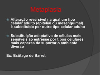 Metaplasia
   Alteração reversível na qual um tipo
    celular adulto (epitelial ou mesenquimal)
    é substituído por outro tipo celular adulto

   Substituição adaptativa de células mais
    sensíveis ao estresse por tipos celulares
    mais capazes de suportar o ambiente
    diverso

Ex: Esôfago de Barret
 