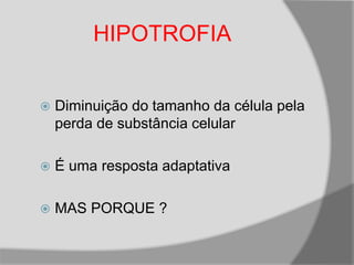 HIPOTROFIA
 Diminuição do tamanho da célula pela
perda de substância celular
 É uma resposta adaptativa
 MAS PORQUE ?
 