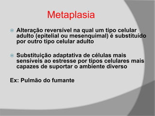 Metaplasia
 Alteração reversível na qual um tipo celular
adulto (epitelial ou mesenquimal) é substituído
por outro tipo celular adulto
 Substituição adaptativa de células mais
sensíveis ao estresse por tipos celulares mais
capazes de suportar o ambiente diverso
Ex: Pulmão do fumante
 