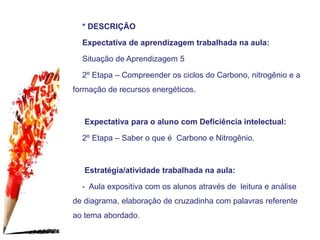 * DESCRIÇÃO
Expectativa de aprendizagem trabalhada na aula:
Situação de Aprendizagem 5
2º Etapa – Compreender os ciclos do Carbono, nitrogênio e a
formação de recursos energéticos.
Expectativa para o aluno com Deficiência intelectual:
2º Etapa – Saber o que é Carbono e Nitrogênio.
Estratégia/atividade trabalhada na aula:
- Aula expositiva com os alunos através de leitura e análise
de diagrama, elaboração de cruzadinha com palavras referente
ao tema abordado.
 