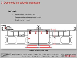 3. Descrição da solução adoptadaImplantaçãoLargura necessária 7,52mRaio mínimo 50mCondicionantesAcessosImpacto visual Altura livre de 5mAdaptação da Ponte da Arrábida à passagem do metro ligeiroTiago Pinto – Dissertação em Estruturas - MIEC 2011